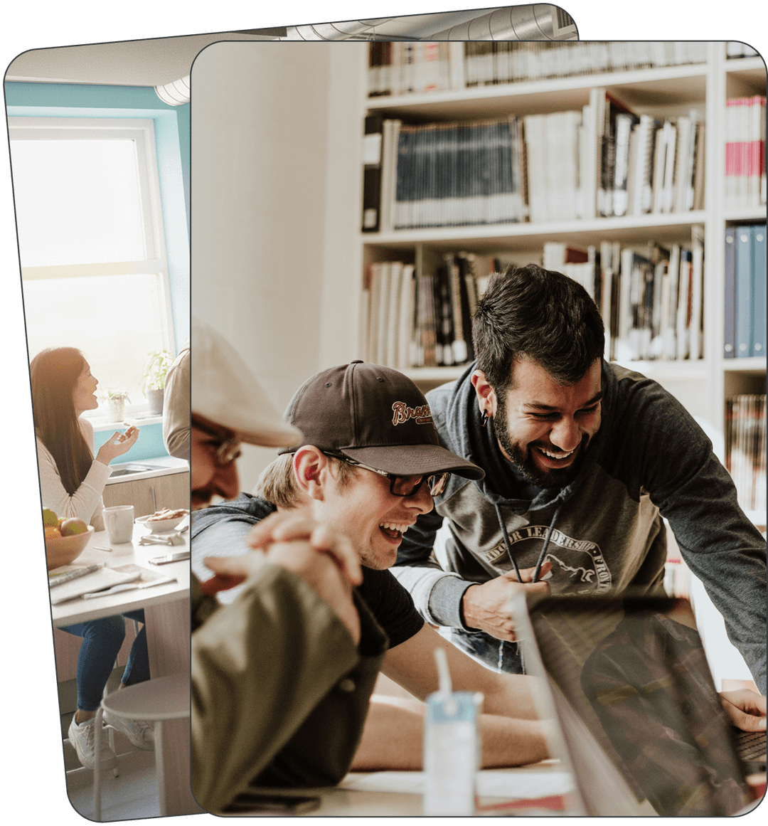 Photo of 2 students laughing together